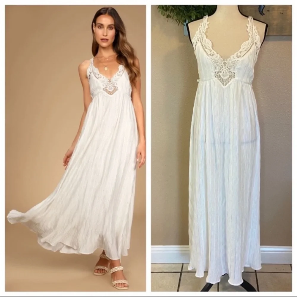 NWOT Lulus Alluring Aura White Crochet Lace Crinkle Backless Maxi Dress